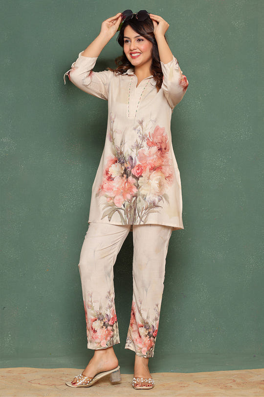 Cream Color  Khadi Cotton Printed Co-Ord Set