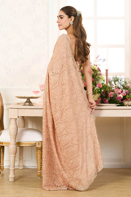 Fawn Georgette Embroidered And Swaroski Work Saree