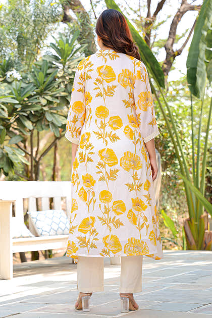 Cream & Yellow Cotton Floral Printed Kurta Set