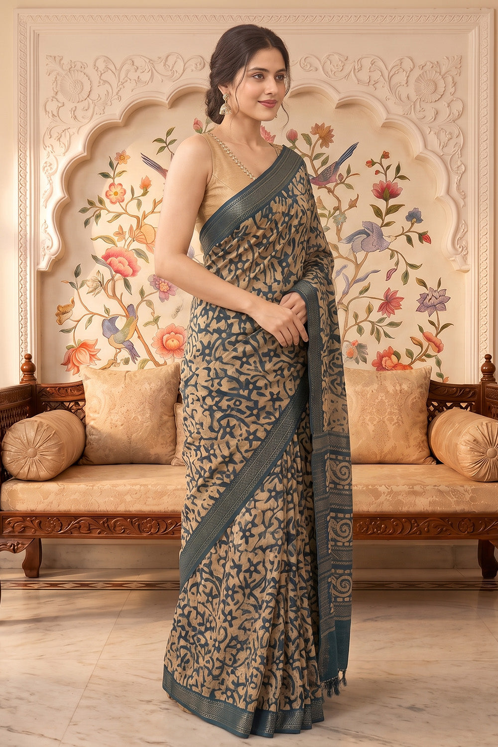 Teal And Beige Cotton Printed And Woven Border Saree
