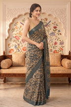 Teal And Beige Cotton Printed And Woven Border Saree