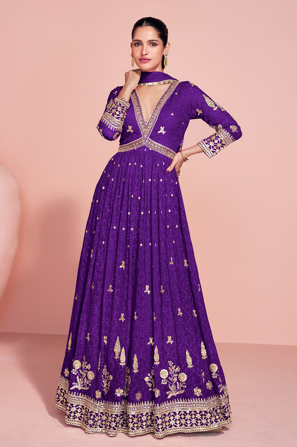 Purple Georgette Resham, Zari and Sequins Embroidered Alia Cut Anarkali Gown