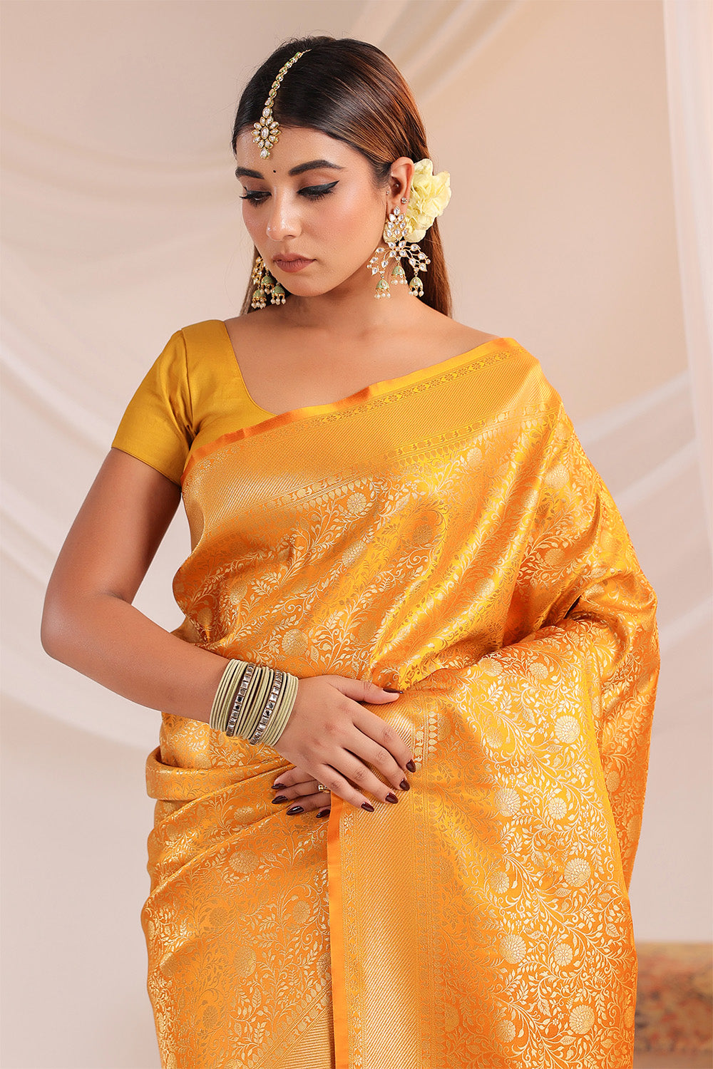 Yellow Silk Zari Floral Zaal Woven Saree