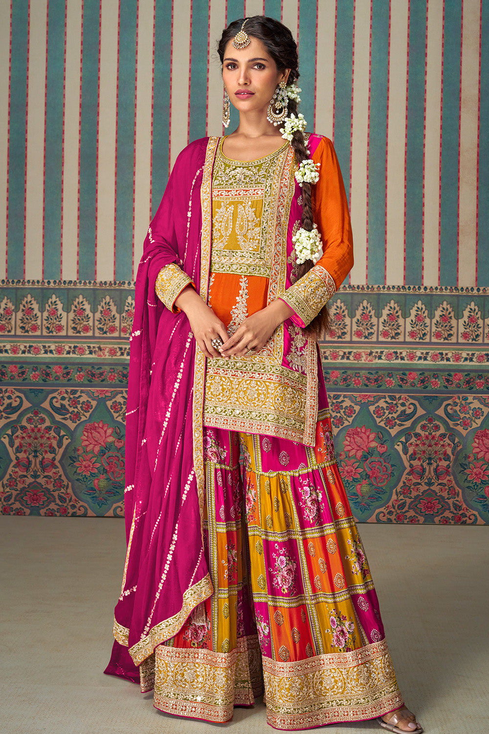 Orange and Magenta heavy Embroidered Straight Fit Suit