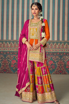Orange and Magenta heavy Embroidered Straight Fit Suit