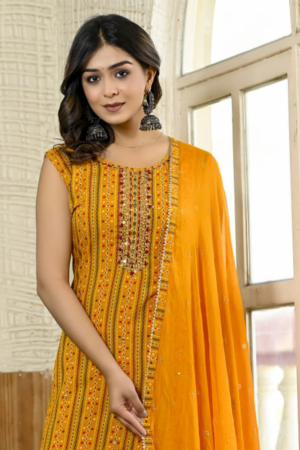 Mustard Color Rayon Bhandhani Printed Suit With Sharara