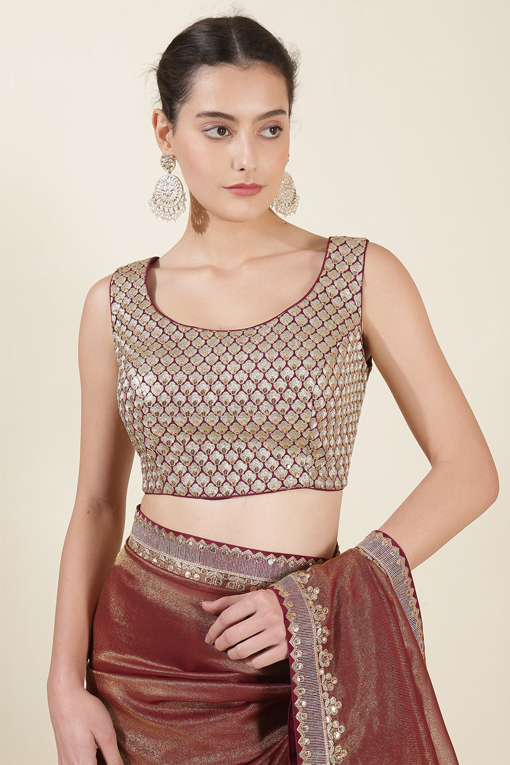 Wine & Golden Mantellic Tissue Embroidered Saree with Readymade Blouse