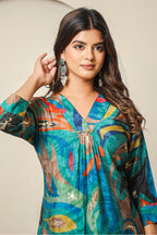 Teal Abstract Printed Muslin Long Kurta