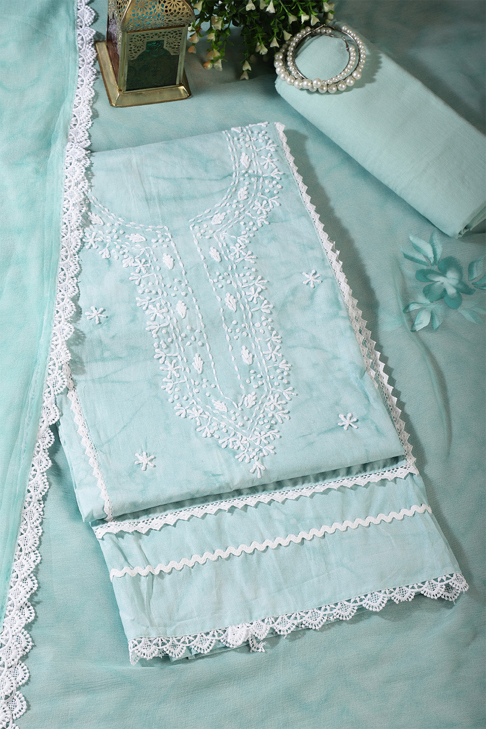 Turquoise Color Cotton Resham Embroidered And Lace Work Unstitched Suit
