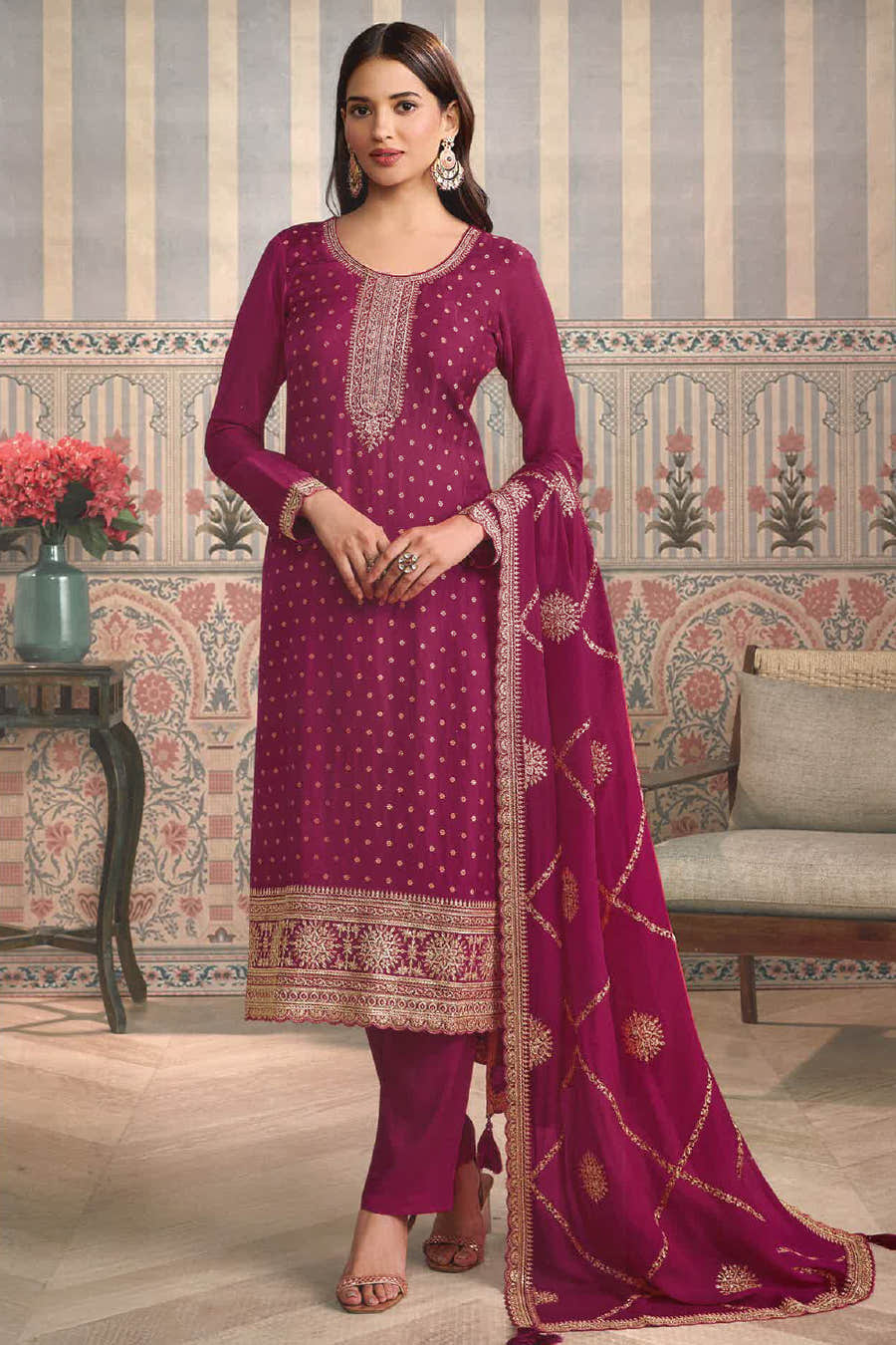 Rani Color Silk Embroidered Unstitched Suit Fabric