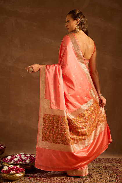 Peach Satin Banarasi Silk Woven Saree