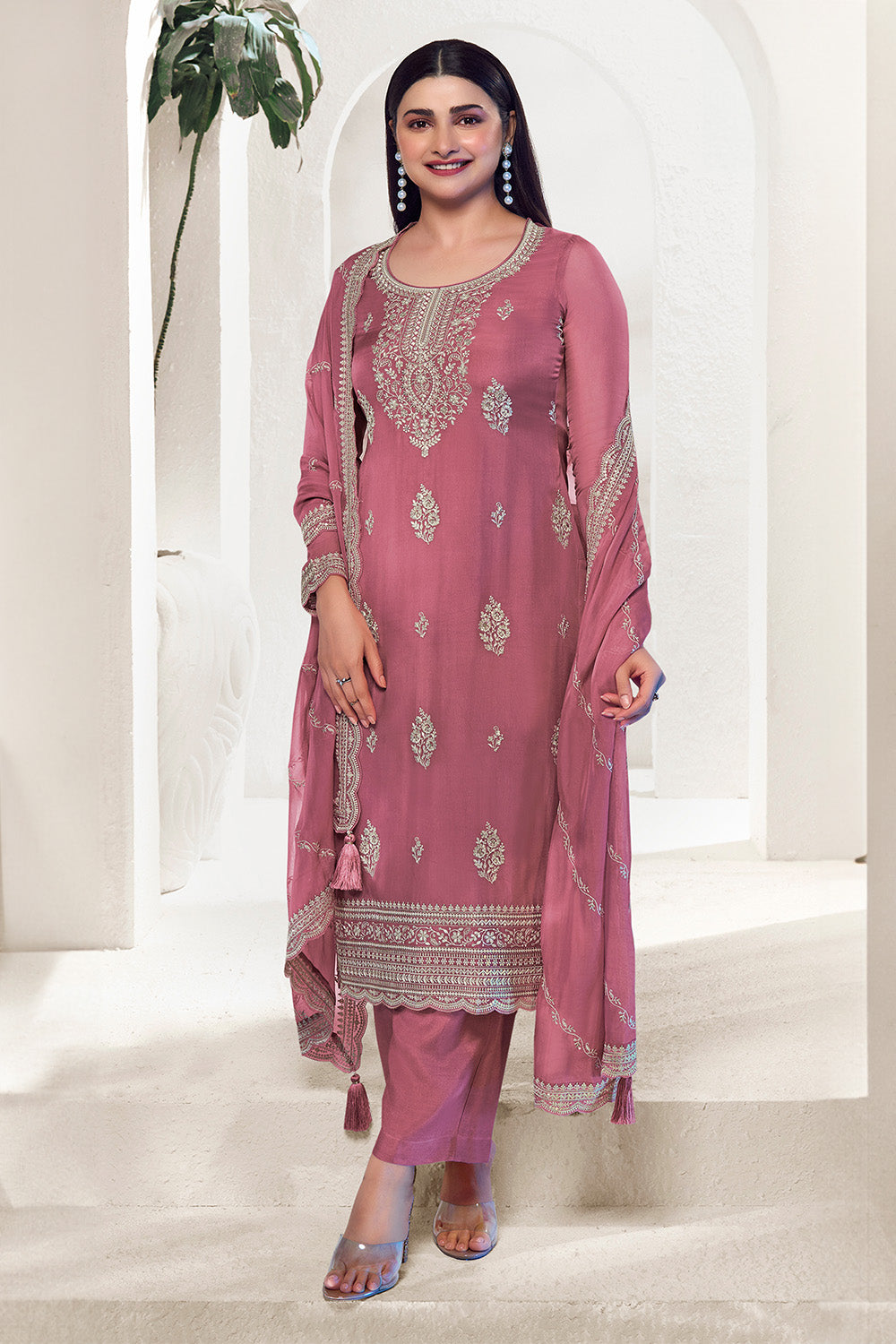 Dusty Pink Color Muslin Resham Embroidered Unstitched Suit Material