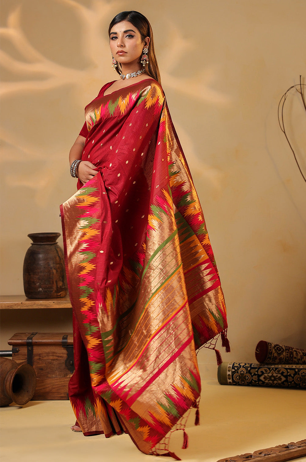 Maroon Cotton Silk Woven Saree