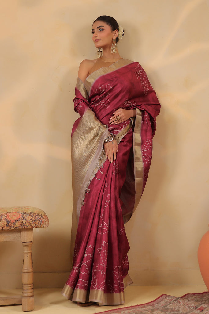 Deep Carmine Floral Printed and Zari Woven Tussar Silk Saree