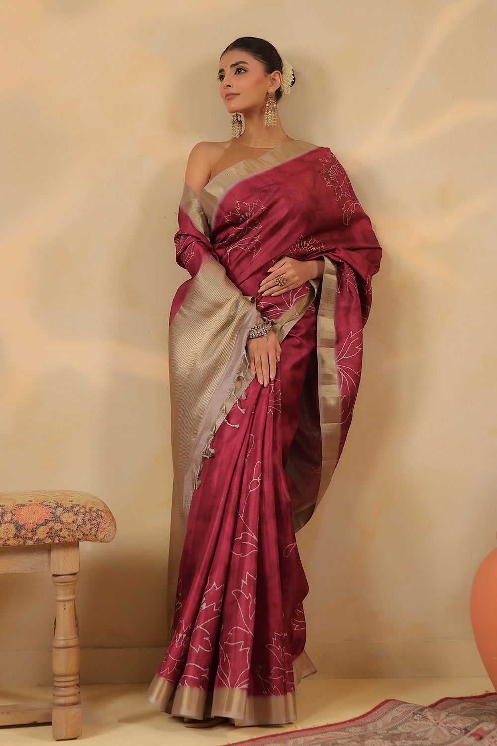 Deep Carmine Floral Printed and Zari Woven Tussar Silk Saree