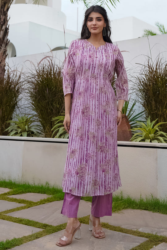 Lavender Floral Printed Muslin Kurta Set