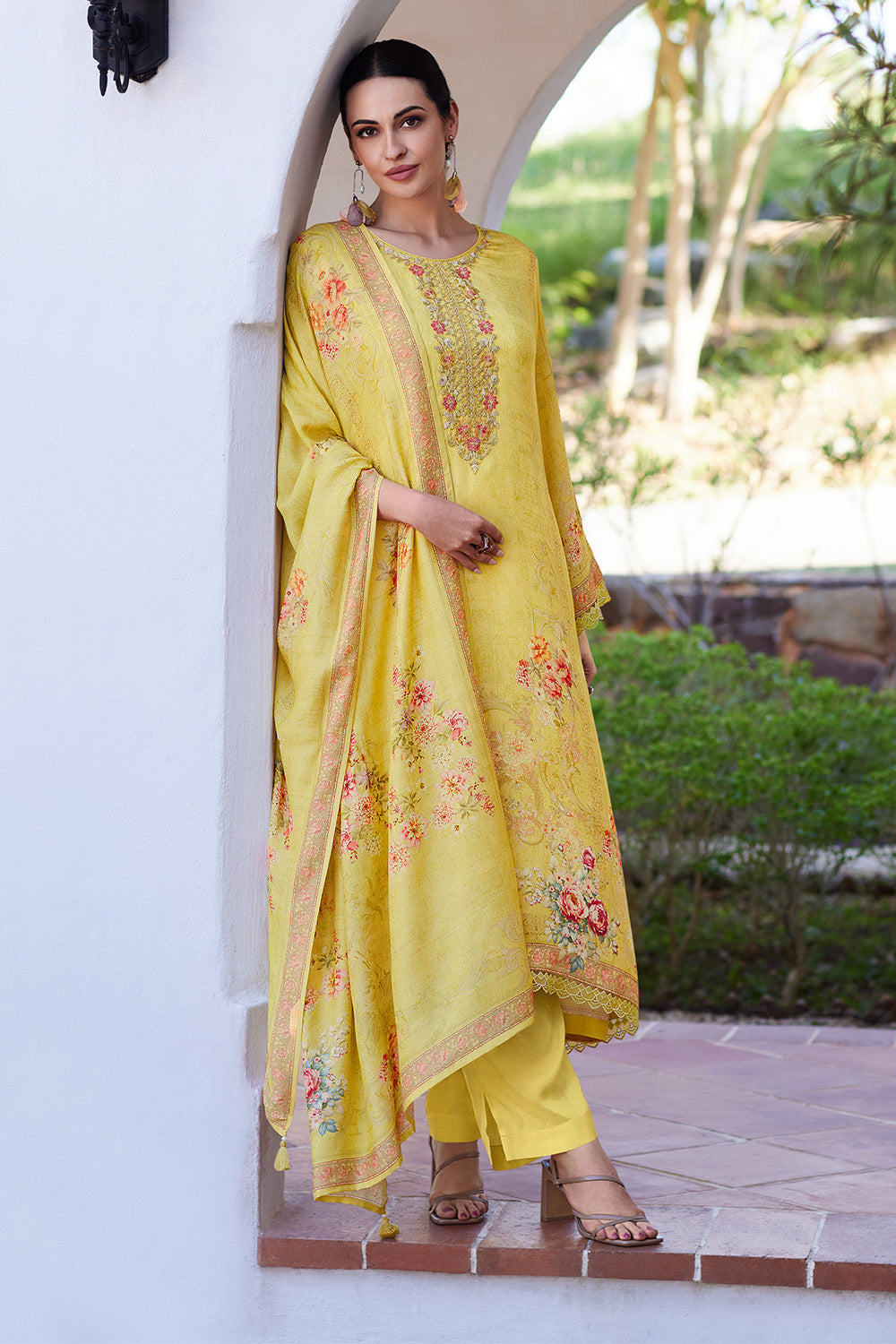 Pale Yellow Color Muslin Neck Embroidered & Floral Printed Suit
