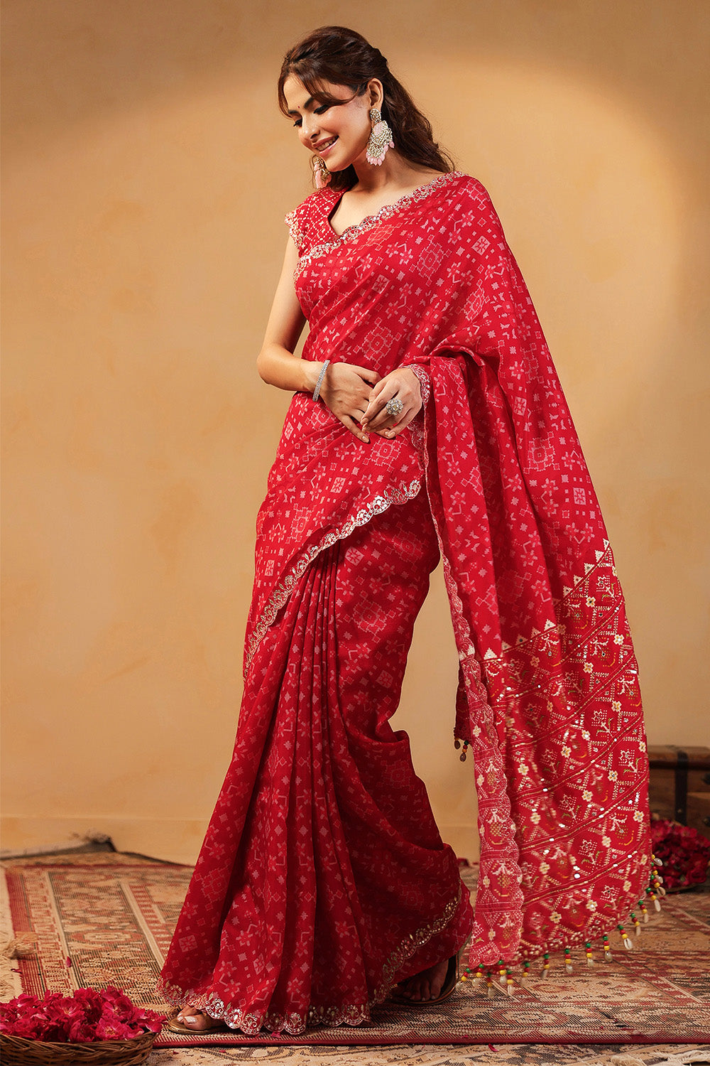 Red Color Ikat Patola Modal Silk Saree with Gota Patti Border