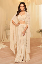 Beige Georgette Embroidered Dhoti Style Skirt and Choli WIth Emroidered Shrug Dress
