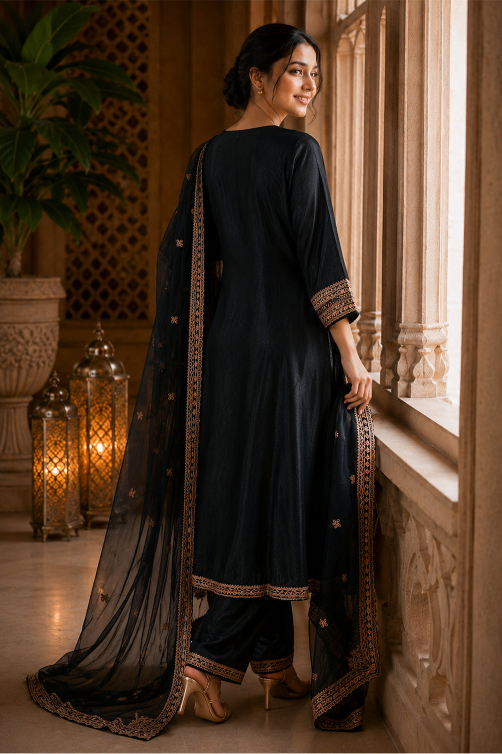 Black Crepe Silk Zari and Sequins Embroidered Anarkali Suit