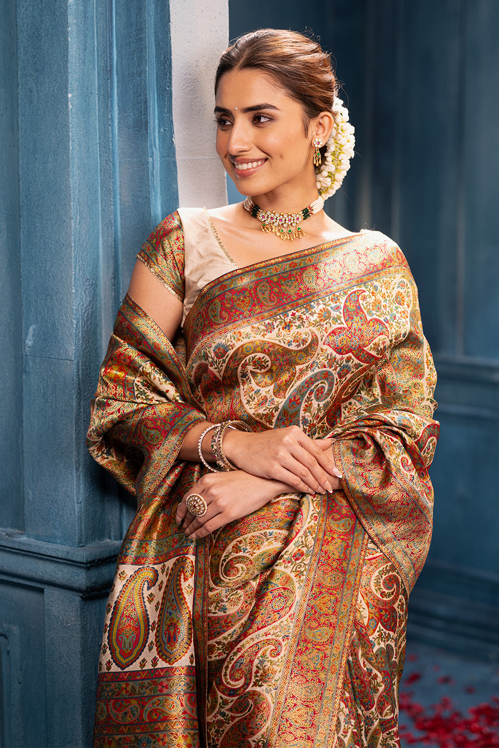 Beige Position Print Woven Silk Saree