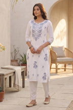 White & Grey Resham Embroidered Kurta
