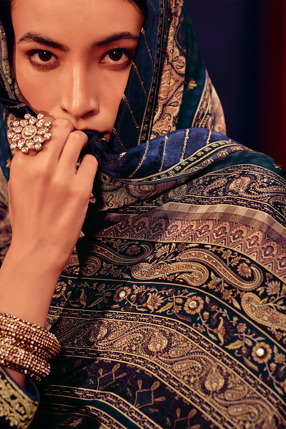 Navy Color Zari Embroidered Velvet Unstitched Suit Fabric