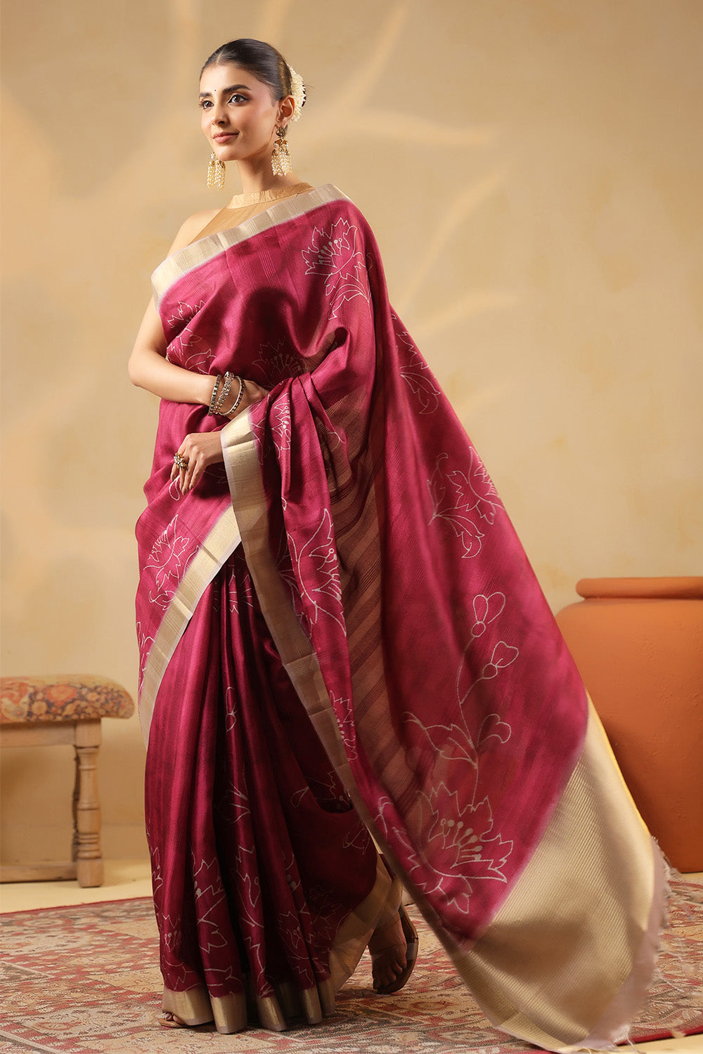 Deep Carmine Floral Printed and Zari Woven Tussar Silk Saree