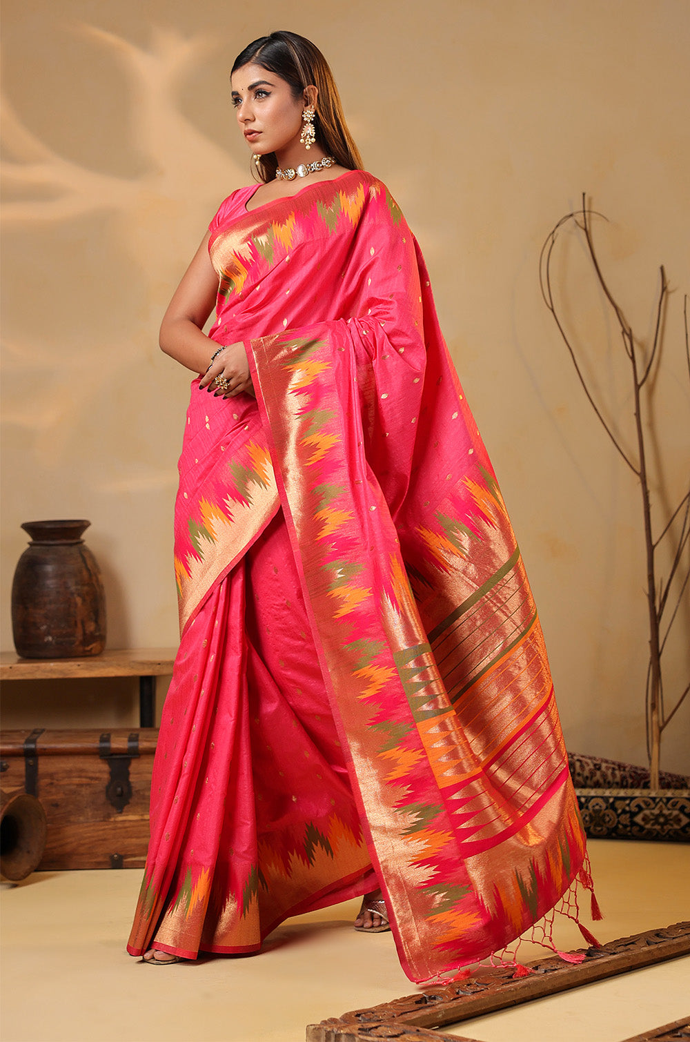 Strawberry Color Cotton Silk Woven Saree