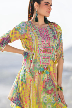 Lemon Color Chiffon Printed Co-Ord Dress With Dhoti Style Pants