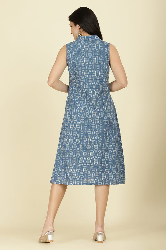 Blue Cotton Printed Peonies Dress