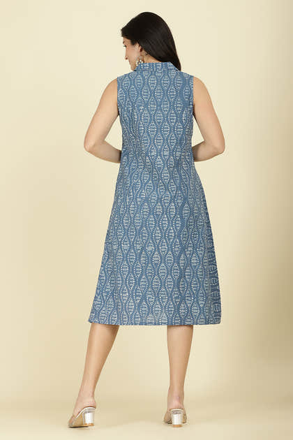Indigo Cotton Block Printed Peonies Dress
