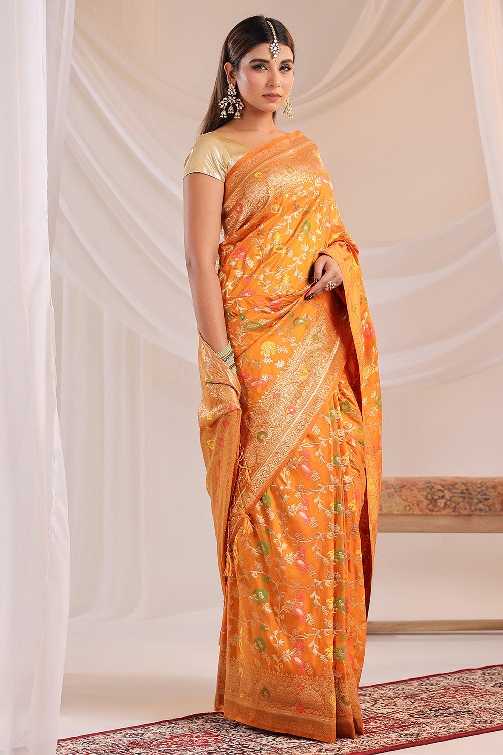 Mustard Resham & Zari Floral Woven Silk Saree
