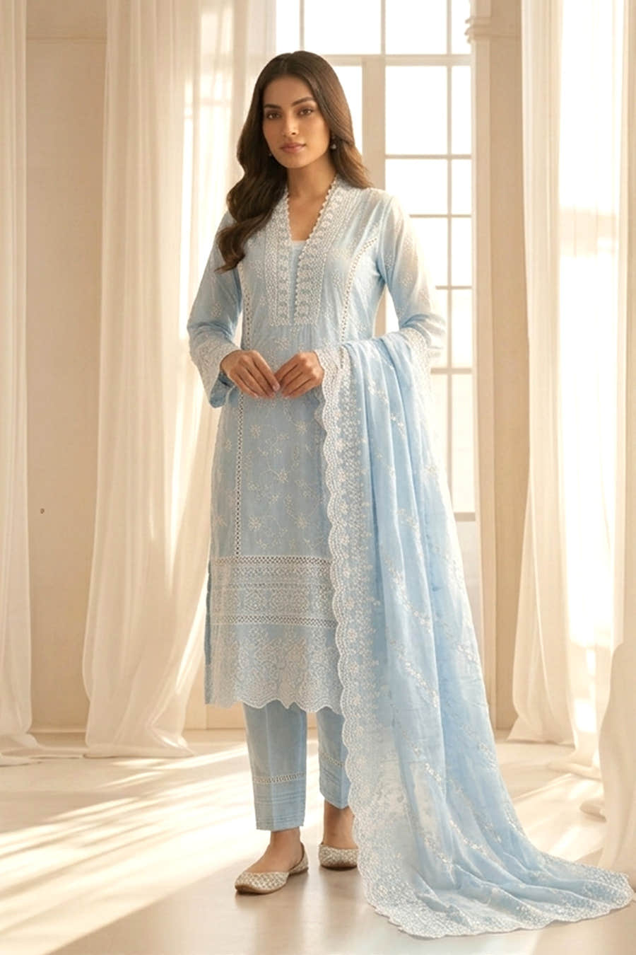 Light Blue Mul Cotton Chikankari Work Suit Set