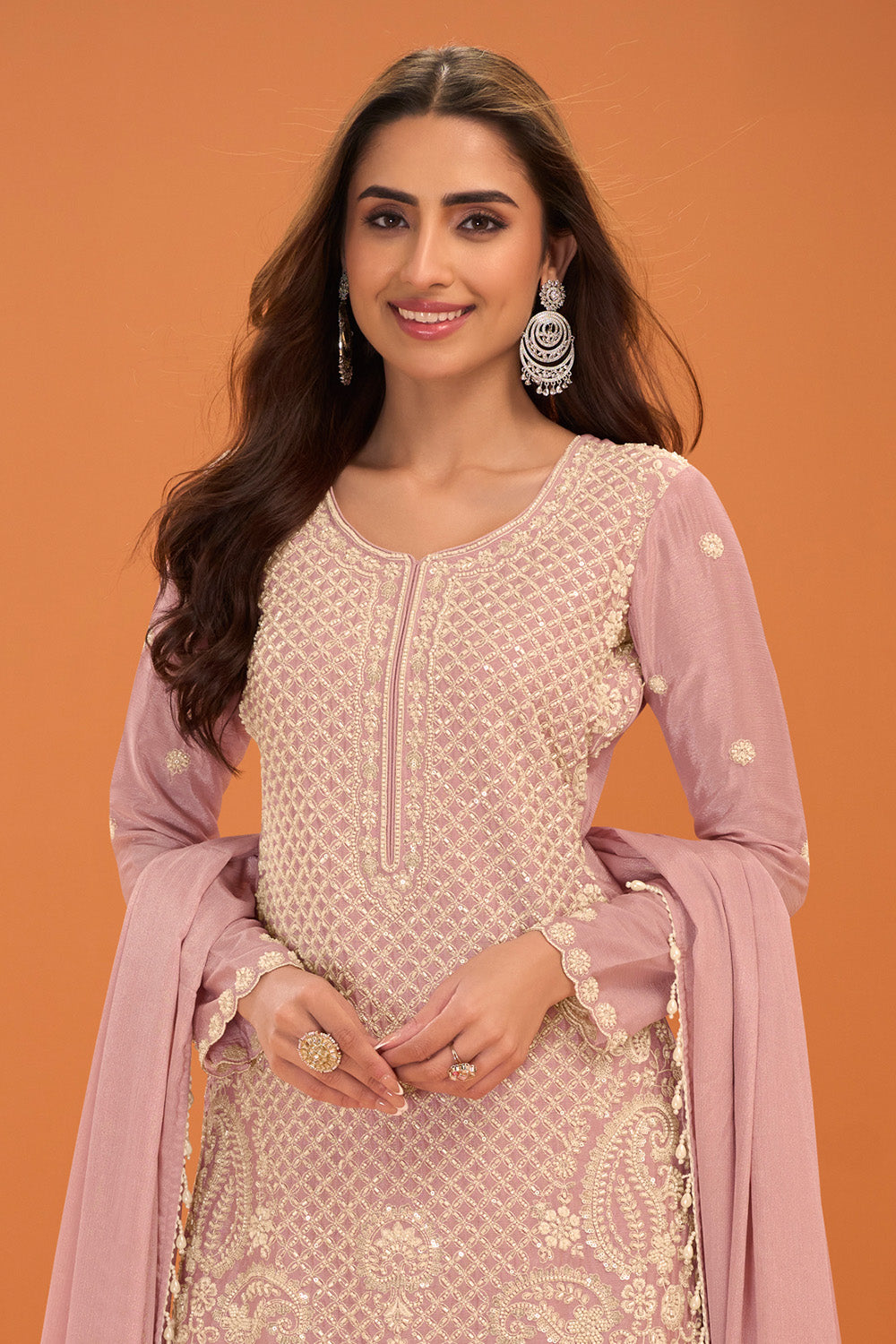Dusty Pink Silk Cut-Dana And Resham Embroidered Suit With Palazzo