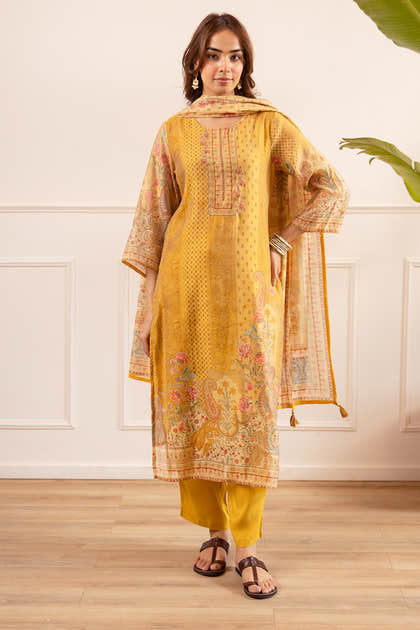 Mustard Chanderi Silk Printed Straight Suit