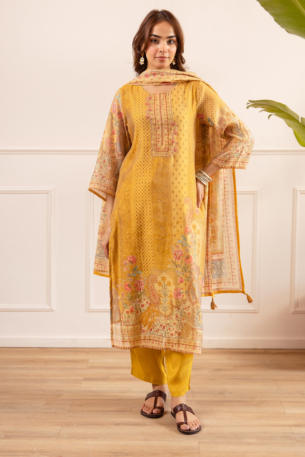 Mustard Chanderi Silk Printed Straight Suit