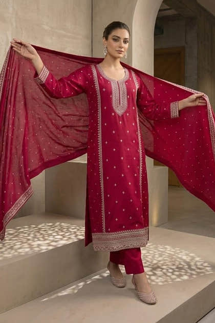 Magenta Pink Crepe Silk Zari and Sequins Embroidered Anarkali Suit