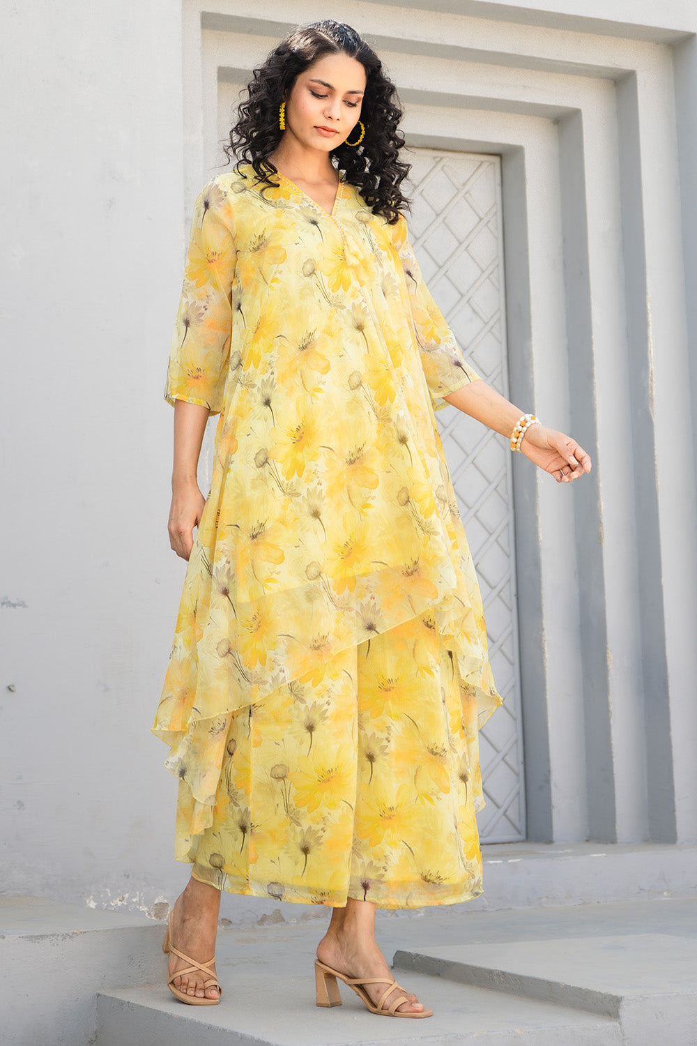 Yellow Chinone Floral Printed Kurta with Palazzo