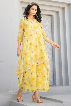 Yellow Chinone Floral Printed Kurta with Palazzo