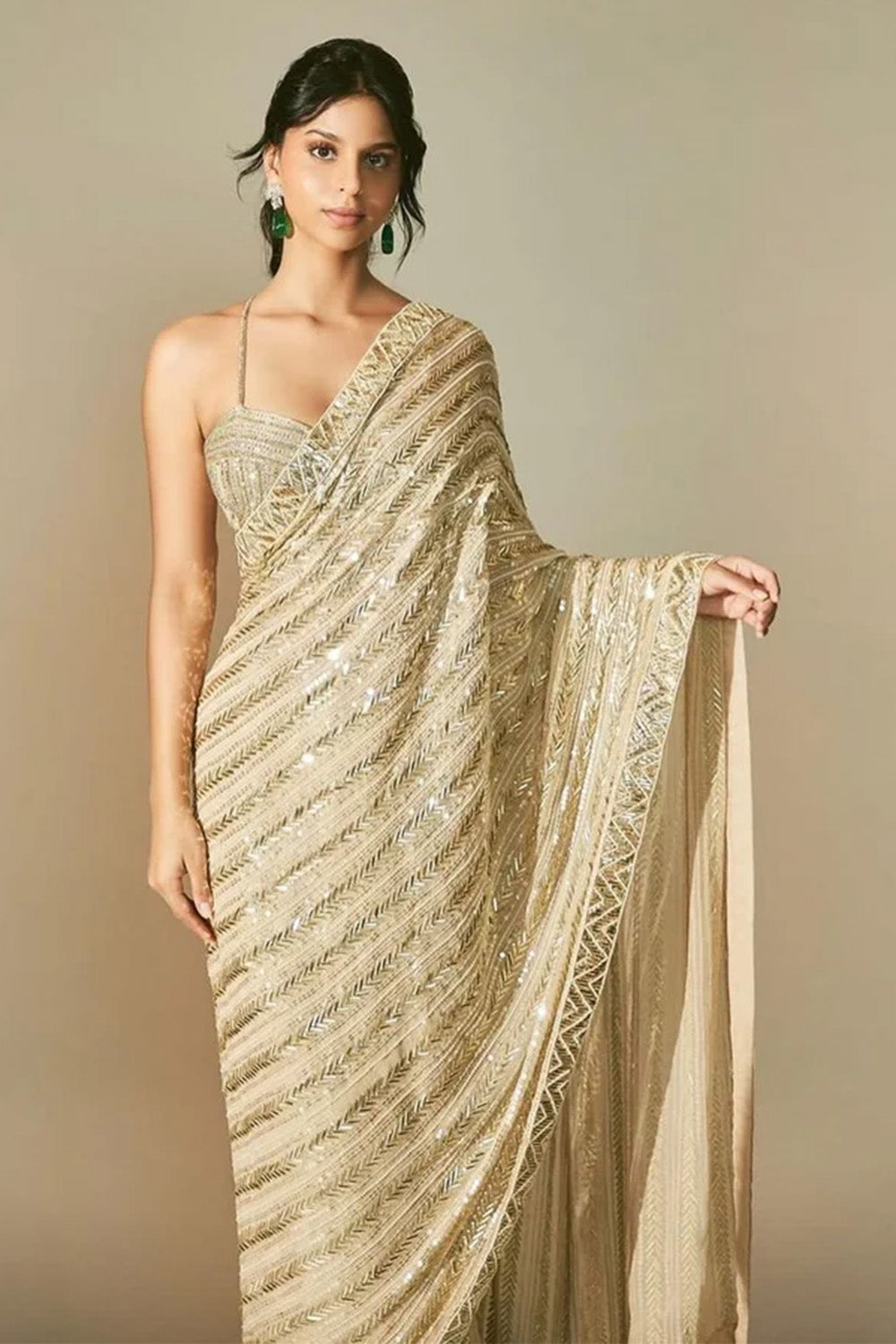 Beige Color Georgette Sequins Embroidered Saree