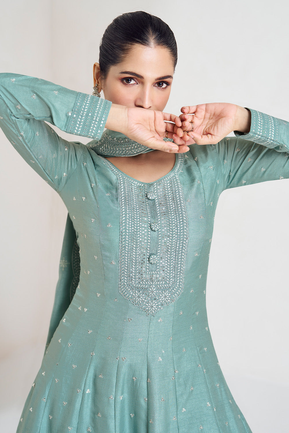 Summer Green Color Silk Embroidered Anarkali Kurti