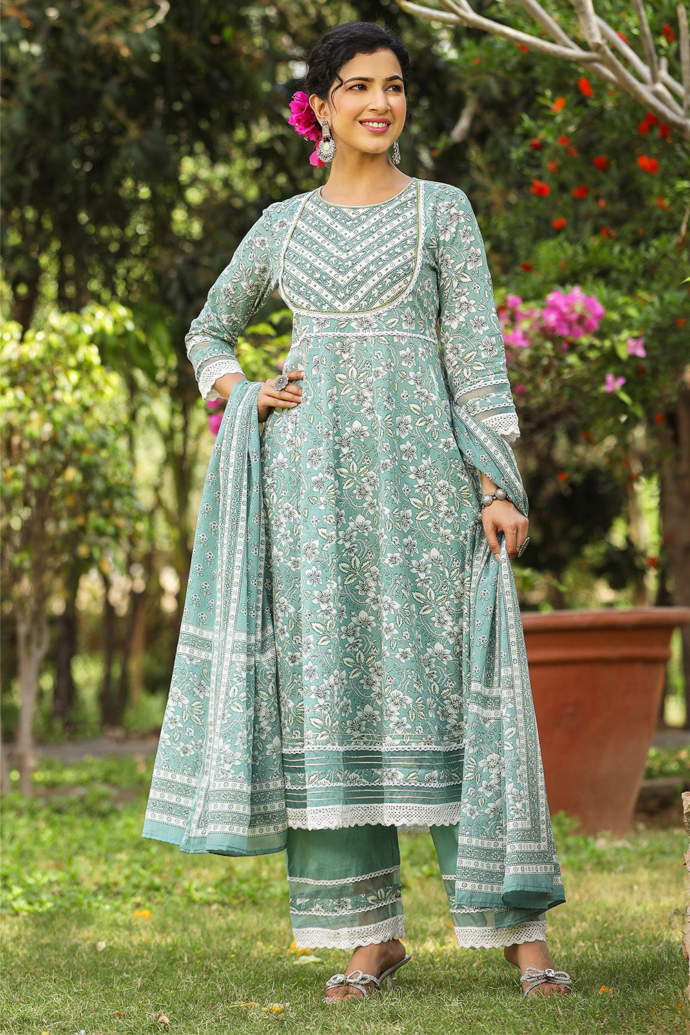 Mint Green Color Cotton Floral Printed Anarkali Suit Set