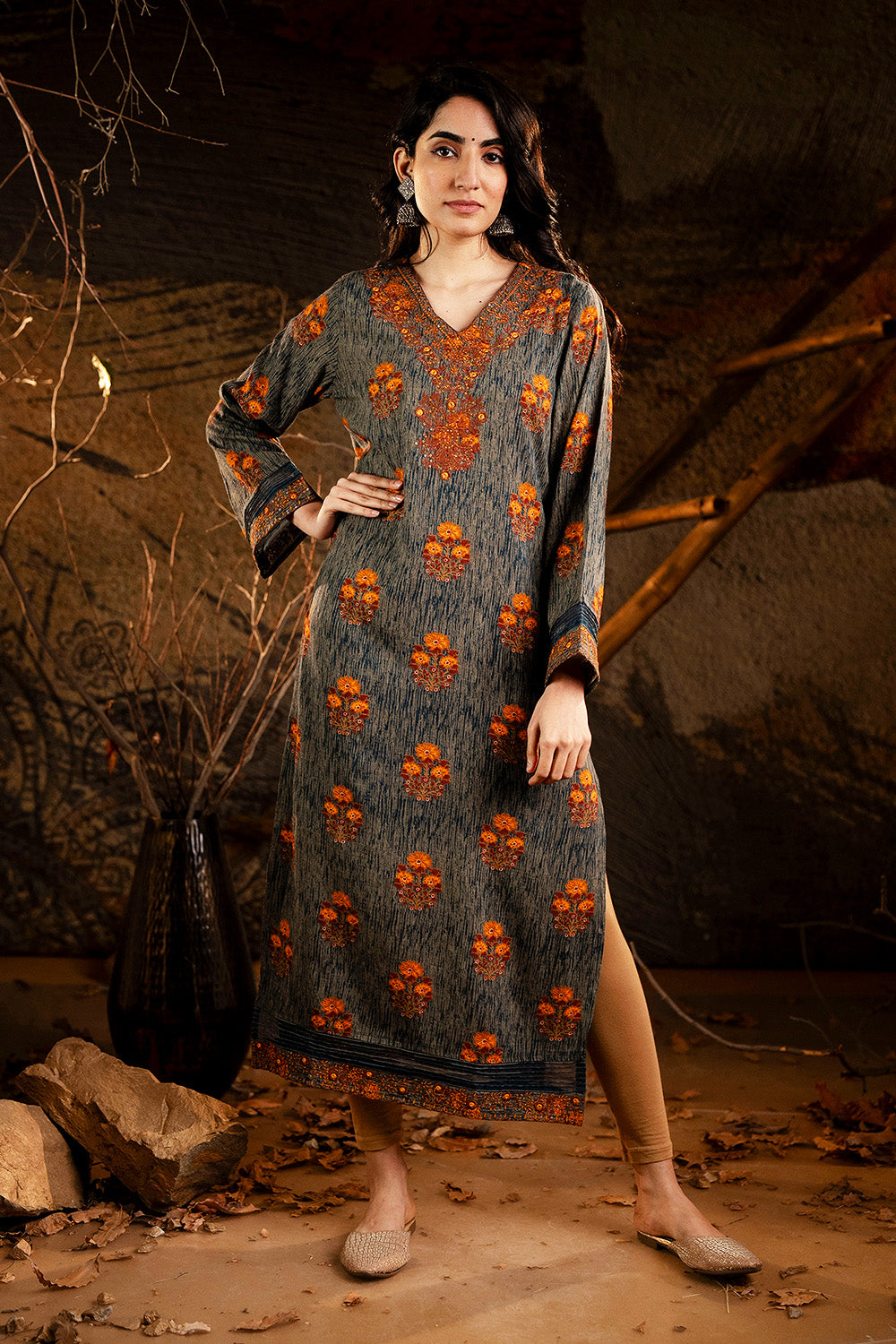 Teal Color Printed & Neck Embroidered Kurta