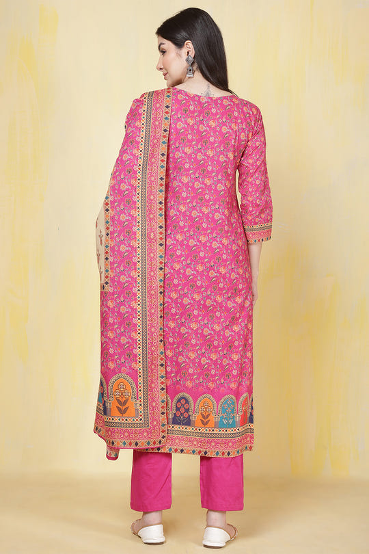 Magenta Pink & Beige Cotton Floral Printed Suit