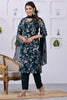 Bottle Green Color Printed & Neck Embroidered Muslin Suit