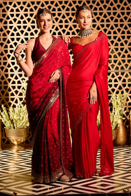 Red Crepe Floral Woven And Embroidered Saree