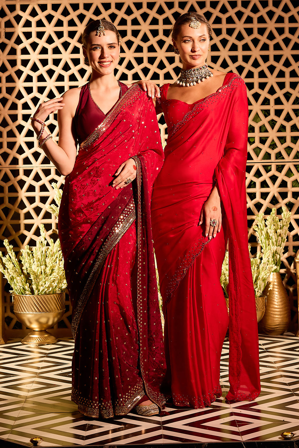 Red Crepe Floral Woven And Embroidered Saree