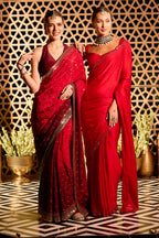 Red Crepe Floral Woven And Embroidered Saree