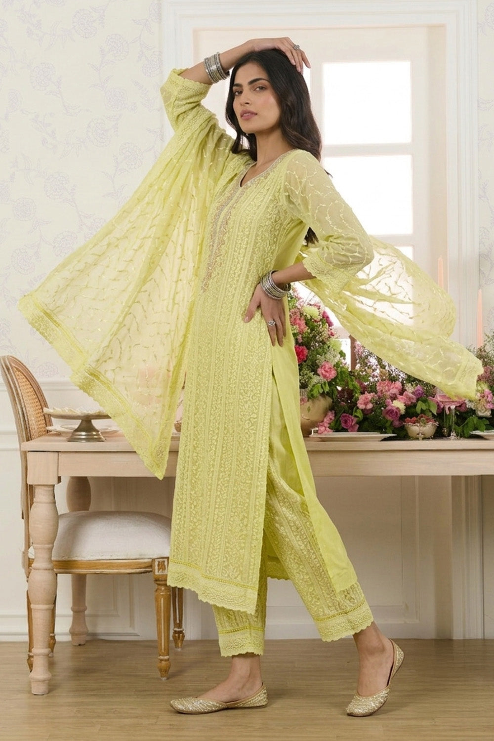 Lemon Yellow Georgette Chikankari Work Unstiched Suit